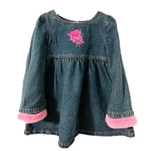 Betsey Johnson Denim Dress Removable TeddyBear Faux Fur Cuffs Roses Crystals💙🩷